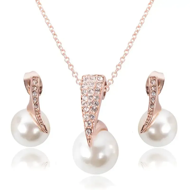 Rose Gold Pearl & Diamond Bridal Necklace Set