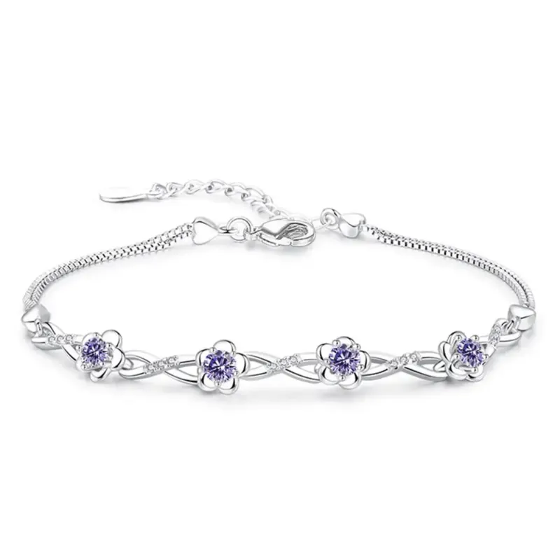 Silver Floral Bracelet with Purple Gemstones for Women
